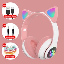 고양이헤드셋 펑티모헤드셋 무선헤드폰 새로운 RGB 고양이 귀 헤드폰 푸른 이빨 fone 저음 소음 성인 헤드셋 지원 TF 카드 Casco Mic 선물, 04 White Pink