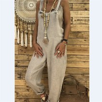 봄여름 여성용 롬퍼스 면 린넨 롱 점프 슈트 캐주얼 솔리드 루즈핏 빕 오버올