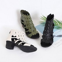 런슈즈 천연소가죽 스트랩 오픈토 봄 여름 부츠 앵클 샌들 힐