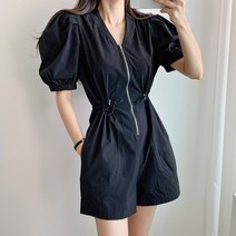 요시아나 [당일발송] 히타루 집업 셔링 퍼프소매 스트링 숏 점프수트 -2컬러