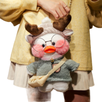 PKTOYS DIY 큐티 오리인형 크로스백 뽀글이 토이 캐릭터 빵빵덕 오리 인형 숄더백 크리스마스 명절 선물, 어깨 가방 갈색 뿔 헤어 벨트 회색 스웨터, 노란 오리 어깨 가방