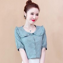 나래가 여자 여름 반팔 블라우스 린넨 플랫칼라 정장 pem83
