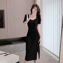 베트남여행옷 다낭원피스 블랙 미디 여름 프렌치 사각넥 셔링 핑크 드레스 결혼식 원피스