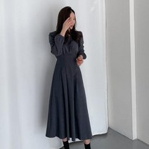 [레티고] 라운드 퍼프 소매 롱 원피스