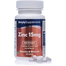 Simply Supplements 아연 15 mg -120 정제 - 비건 채식인에 적합 - 4 개월의 지속 시간 - 간단한 보충, 5개