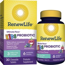 리뉴라이프 얼티미트 플로라 키즈 프로바이오틱 30억 라이브 컬쳐 베리-리셔스 츄어블 타블렛, 30개입, 1개