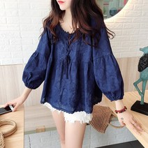 Babydoll 탑 초가을 푹신한 한국식 달콤하고 세련된 a 라인 레이스 랜턴 슬리브 자수 셔츠 여성용 7부 소매