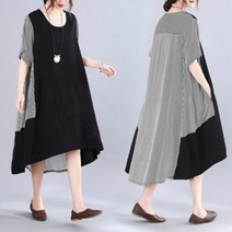 시원 줄무늬배색 루즈핏 반팔 원피스 롱 여름 빅사이즈 언발 한 박스