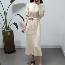 제이후 주름 플리츠 단추 허리끈 니트 롱원피스