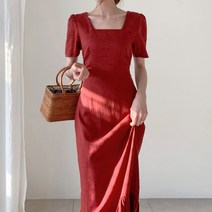 DFMEI 스퀘어넥 프릴 머메이드 원피스 허리 여리여리 반팔 롱스커트