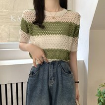저지반팔티 순욕 클래식 줄무늬 펀칭 디자인감각 시크 여성 여름 얼음 얇은 견직물 상의 4921201336