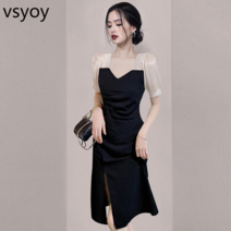 vsyoy 높은 차가운 심장 기계 주름 접이식 배꼽 슬림 스플릿 드레스 여름 새로운 v-neck 버블 슬리브 허리 작은 검은 치마