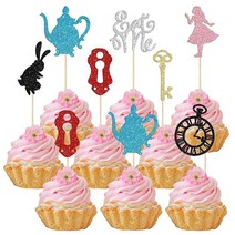 Gyufise 24피스 Eat Me 컵케이크 토퍼 글리터 Try Me Take One 이상한 나라의 앨리스 컵케이크 피크 장식 동화 속 원더랜드 테마 베이비 샤워 어린이 남아 여아, B Multi