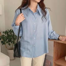 여자 빅카라 분홍색남방 긴팔 셔링 무지 실키 셔츠