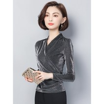 [Myshe]여성 펄 티셔츠 의상 패션 V넥 긴팔 티셔츠 Sevenfei913TX1