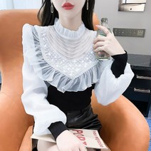 소매 레이스 가디건 사랑스러운 소매 데일리 프렌치 티셔츠 프릴블라우스 이너 루즈핏
