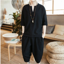 면마소재투피스 새로운 남성용 얇은 린넨 정장 여름 중국 느슨한 큰 면화와 린넨 2 피스