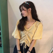 여성 블라우스 V넥 반팔 여름 플리츠 레이스업 체크무늬 스위트 만능 걸스 얼짱 탑 셔츠 레저 엘레강트 시크