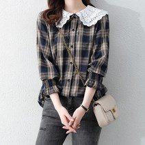 스타일아유 여성 레이스넥 체크 블라우스 러블리 긴팔 체크 셔츠남방 [AYA9BL0243]