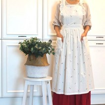 디케이홈 쁘띠 플라워 린넨 어깨 셔링 주름 앞치마/ 풍성한 허리주름 앞치마, 어깨 셔링 포인트 앞치마, 백아이보리