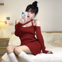 슬림니트원피스 슬림핏 오프숄더 어깨트임 작은 키 150 힙랩 짧은 목걸이 솔리드 무지 2450205630
