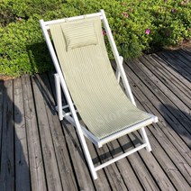 프로빌 야외 접이식 썬베드 화이트 패브릭 수영장 비치 썬배드 각도 조절 나무 베게 의자, 흰색 프레임 + 녹색 작은 스트립 베개