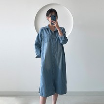 모니카 포켓 포인트 셔츠 카라 데님 청 원피스
