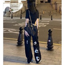 여성청바지1 다크 하라주쿠 블랙 청바지 Y2K 그래픽 프린트 캐주얼 스트레이트 팬츠 여성 오버 사이즈 루스 데님 바지 Streetwear 힙합 청바지