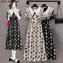 JUST FEEL!NG 여성 더블 칼라 플라워 퍼프 반팔 원피스여름 귀여운 밴드 원피스 슬림핏 빅사이즈
