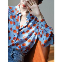 QOERLIN 블루 프린트 플로럴 여성 셔츠 턴 다운 칼라 긴 비숍 슬리브 상의 블라우스 쉬폰