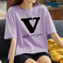 스타일아유 여성 순면 코튼 박스핏 티셔츠 반팔티 오버핏 V 문자 프린팅 여자 여름 롱티