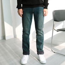 [맨즈북] 빅사이즈 융털기모 남자 겨울 구제 청바지 두꺼운 빈티지 데님 슬림스판 진청 녹청