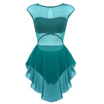 발레바 여성 발레 드레스체조 레오타드 드레스민소매 라운드 넥 컷 아웃 프론트 비대칭 메쉬 댄스 체조 발레 댄스웨어