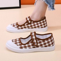 도오빠 블키트 여성 캔버스 단화 샌들 2CM 로우힐 플랫 체크 격자 스니커즈 통기성 찍찍이 여름 여자플랫슈즈 신발