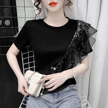 바이스타 여자 여름 언밸런스 스팽글 프릴 반팔 티셔츠 SD080504