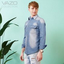 VAZO 남성 데님 셔츠 빈티지 스트라이프 남방