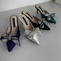 새틴 큐빅 보석 리본 스틸레토 뮬 슬리퍼 힐 7cm