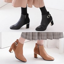 올팜 여성 골드 버클 콤비 스웨이드 통굽 미들힐 앵클 부티힐 6cm 2컬러