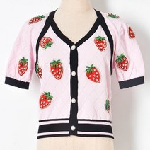 [딸기드릴] 여름 반팔 가디건 여성 슬림핏 2022 패치 패션 드릴 니트 신작 상 여름 딸기
