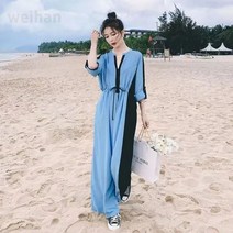 weihan여성 여름 빅사이즈 캐주얼 점프슈트 오버핏 쉬폰 블라우스 긴팔 점프수트 허리 스트링
