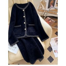 모직 여성 가을 겨울 투피스 세트 의상 향수 양털 카디건 코트와 스커트