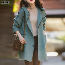 DFMEI 겨울 루즈핏 양면 코트 후드 긴팔 패션 하프 모직 코트 여류