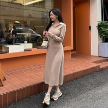 쉐얼유 여성용 체다 오픈 카라 배색 롱원피스