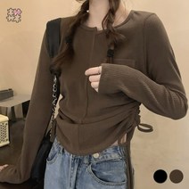 페이퍼먼츠 여성용 언발 넥 허리 셔링 세로 골지 슬림핏 니트 01194