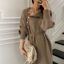 여자 니트 롱 원피스 맥시 목폴라 단추 카라넥 데일리 오버핏 uqs22