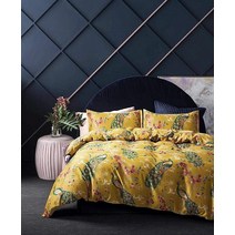 Eikei Oriental Garden 마제스틱 공작 새 꽃무늬 이불 커버 시누아즈리 시크 아시아 스타일 꽃이 만발한 나무 덩굴과 가지 긴 스테이플 면 3피스 침구 세트 (시트린, Super King