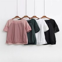 셀러허브(잡화) 여성 반팔 체크 배색 언발 솔리드 블라우스