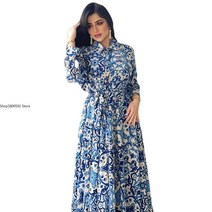 블루 플로럴 셔츠 드레스 여성용 긴 싱글 브레스트 라펠 아바야 두바이 아라비아 오만 중동 이슬람 의류 2