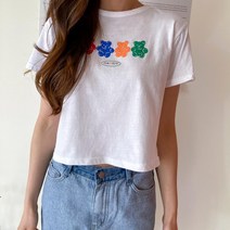 여자 반크롭 라운드 테디베어 프린트 반팔 티셔츠 3컬러
