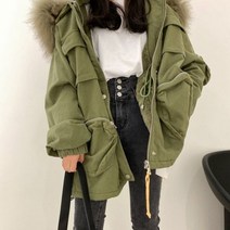 플러스 사이즈 코튼 저지 야상 패딩 라쿤 퍼